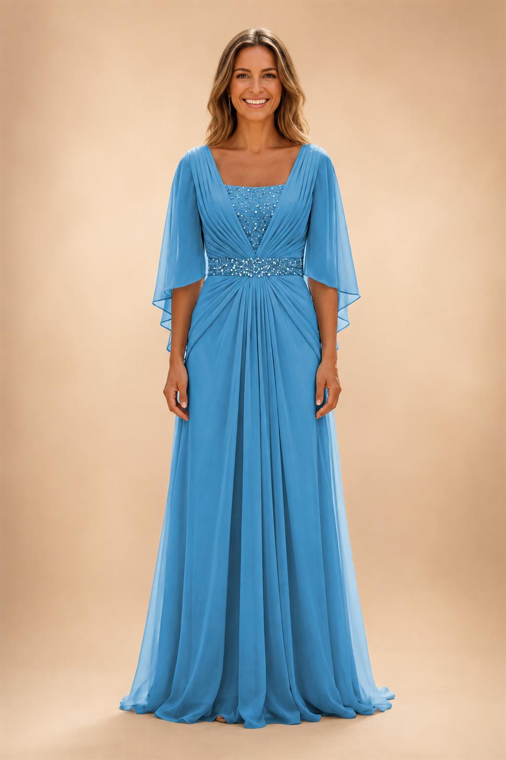 A-Line Chiffon Pleated Long Mother of the Bride & Groom Dresses with 3/4 Flutter Sleeves & Sequin Waist (SHI22500702)