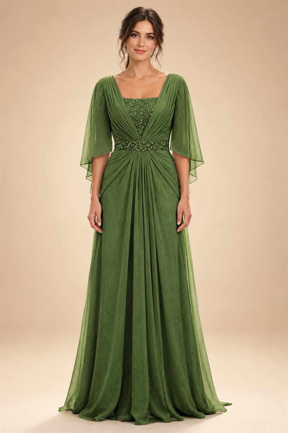 A-Line Chiffon Pleated Long Mother of the Bride & Groom Dresses with 3/4 Flutter Sleeves & Sequin Waist (SHI22500702)