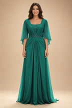 A-Line Chiffon Pleated Long Mother of the Bride & Groom Dresses with 3/4 Flutter Sleeves & Sequin Waist (SHI22500702)