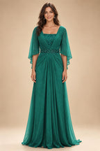 A-Line Chiffon Pleated Long Mother of the Bride & Groom Dresses with 3/4 Flutter Sleeves & Sequin Waist (SHI22500702)