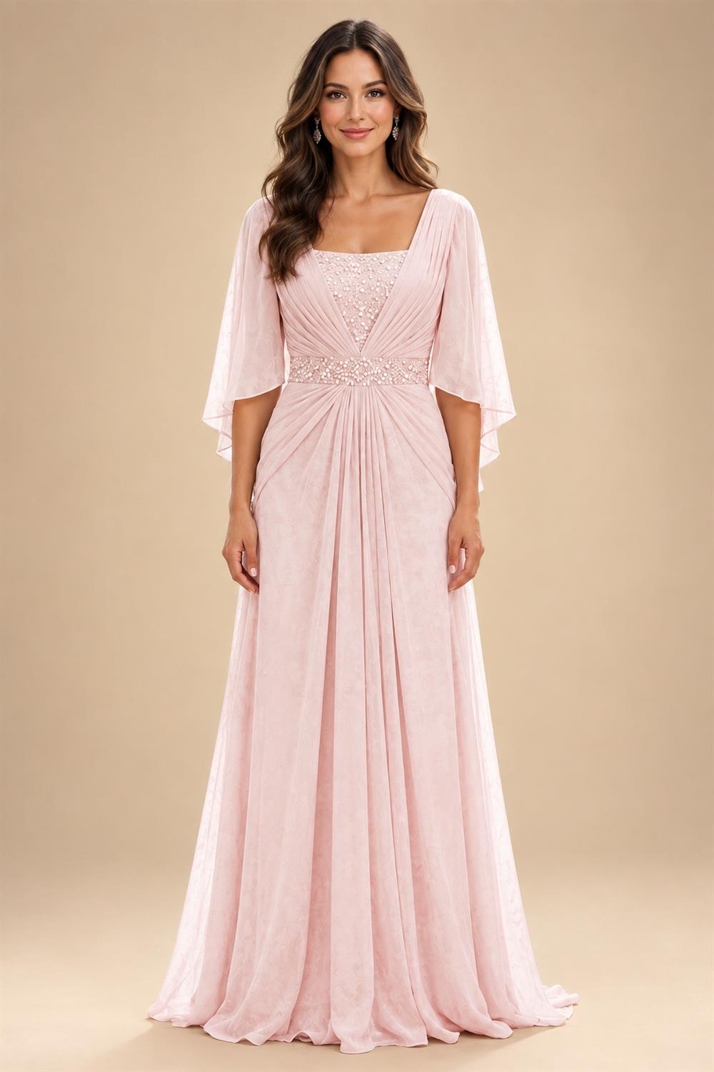 A-Line Chiffon Pleated Long Mother of the Bride & Groom Dresses with 3/4 Flutter Sleeves & Sequin Waist (SHI22500702)