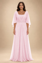 A-Line Chiffon Pleated Long Mother of the Bride & Groom Dresses with 3/4 Flutter Sleeves & Sequin Waist (SHI22500702)