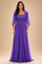 A-Line Chiffon Pleated Long Mother of the Bride & Groom Dresses with 3/4 Flutter Sleeves & Sequin Waist (SHI22500702)