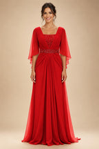 A-Line Chiffon Pleated Long Mother of the Bride & Groom Dresses with 3/4 Flutter Sleeves & Sequin Waist (SHI22500702)