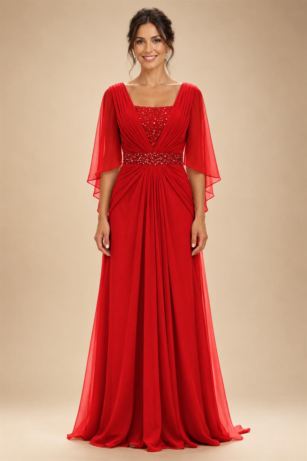 A-Line Chiffon Pleated Long Mother of the Bride & Groom Dresses with 3/4 Flutter Sleeves & Sequin Waist (SHI22500702)