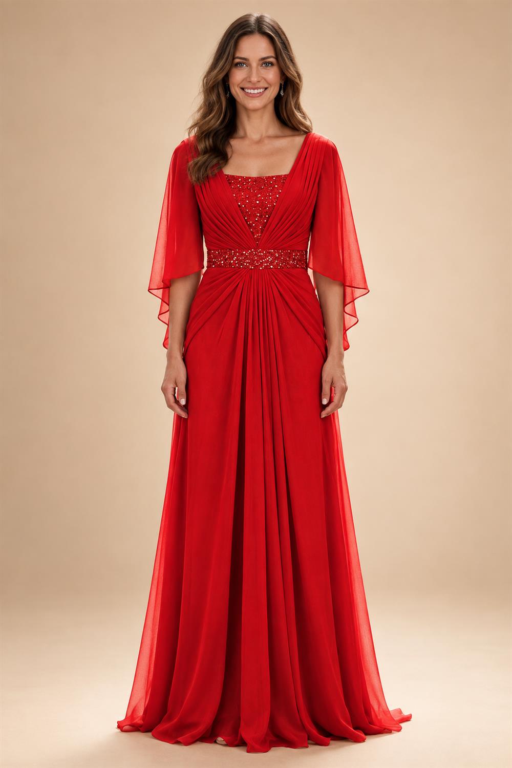 A-Line Chiffon Pleated Long Mother of the Bride & Groom Dresses with 3/4 Flutter Sleeves & Sequin Waist (SHI22500702)