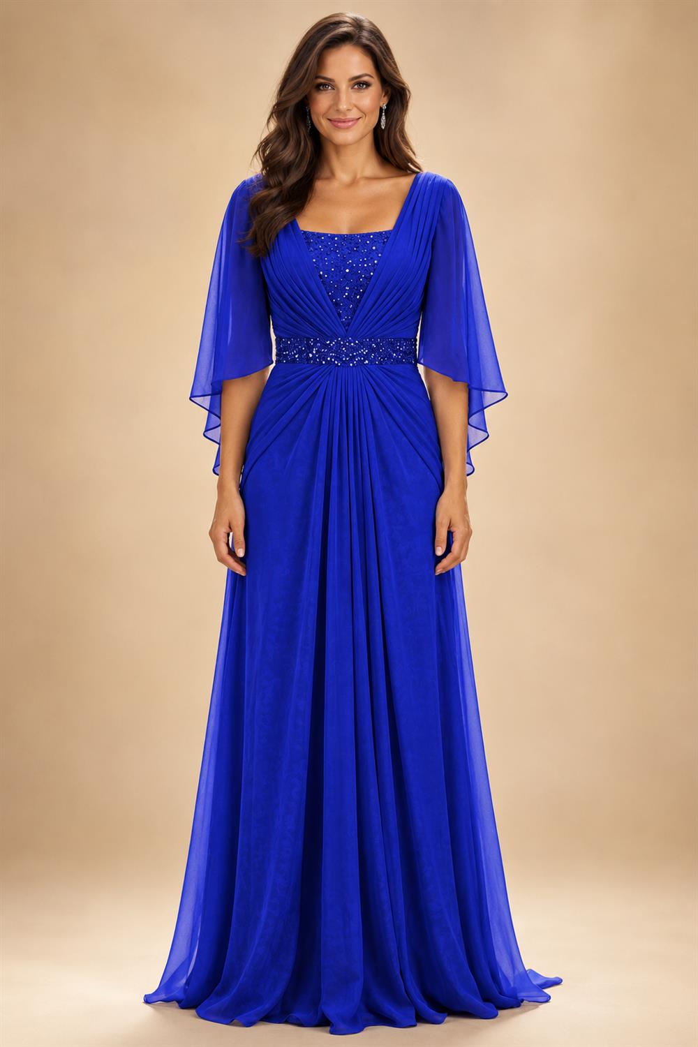 A-Line Chiffon Pleated Long Mother of the Bride & Groom Dresses with 3/4 Flutter Sleeves & Sequin Waist (SHI22500702)