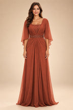 A-Line Chiffon Pleated Long Mother of the Bride & Groom Dresses with 3/4 Flutter Sleeves & Sequin Waist (SHI22500702)