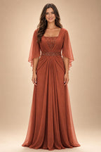 A-Line Chiffon Pleated Long Mother of the Bride & Groom Dresses with 3/4 Flutter Sleeves & Sequin Waist (SHI22500702)