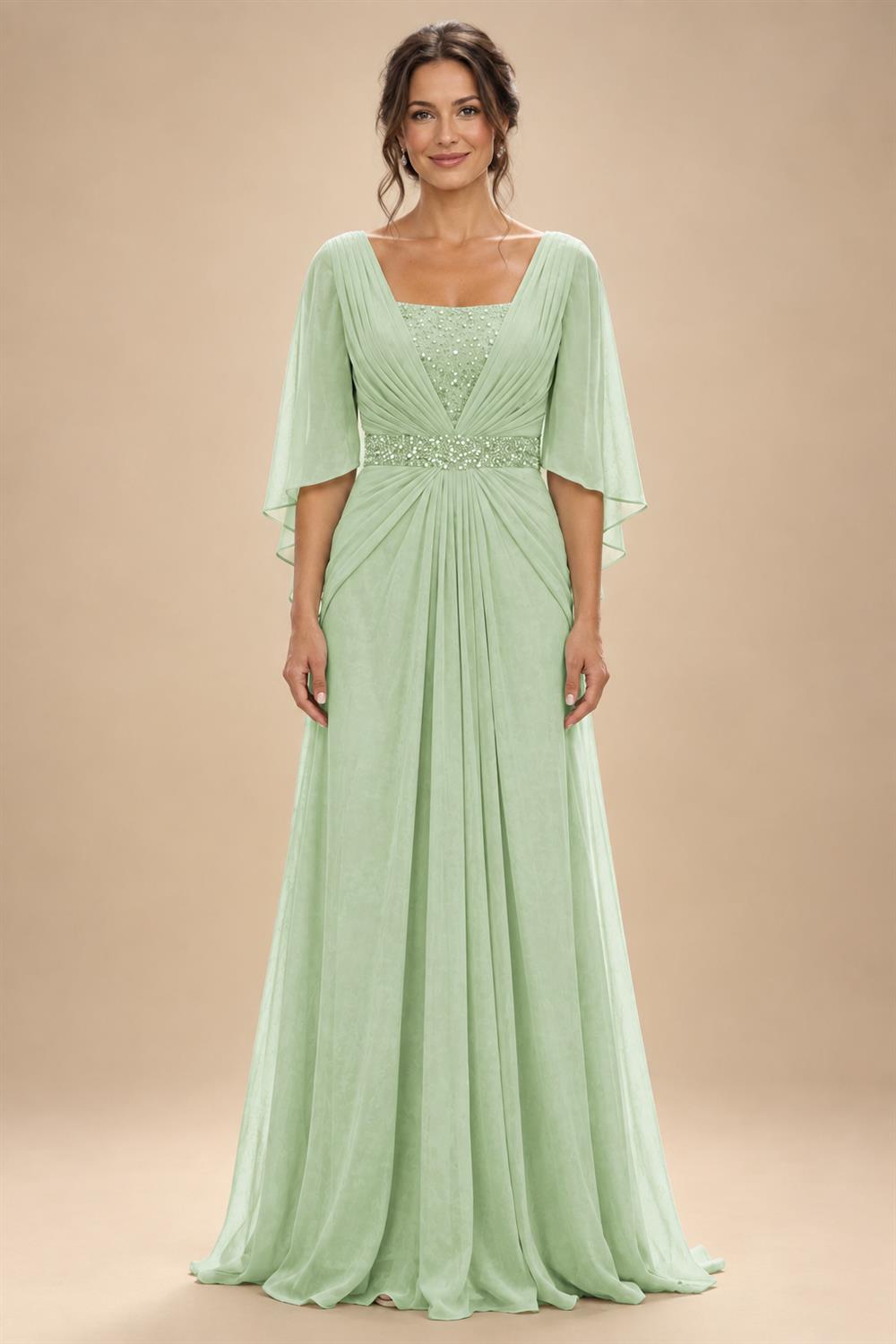A-Line Chiffon Pleated Long Mother of the Bride & Groom Dresses with 3/4 Flutter Sleeves & Sequin Waist (SHI22500702)