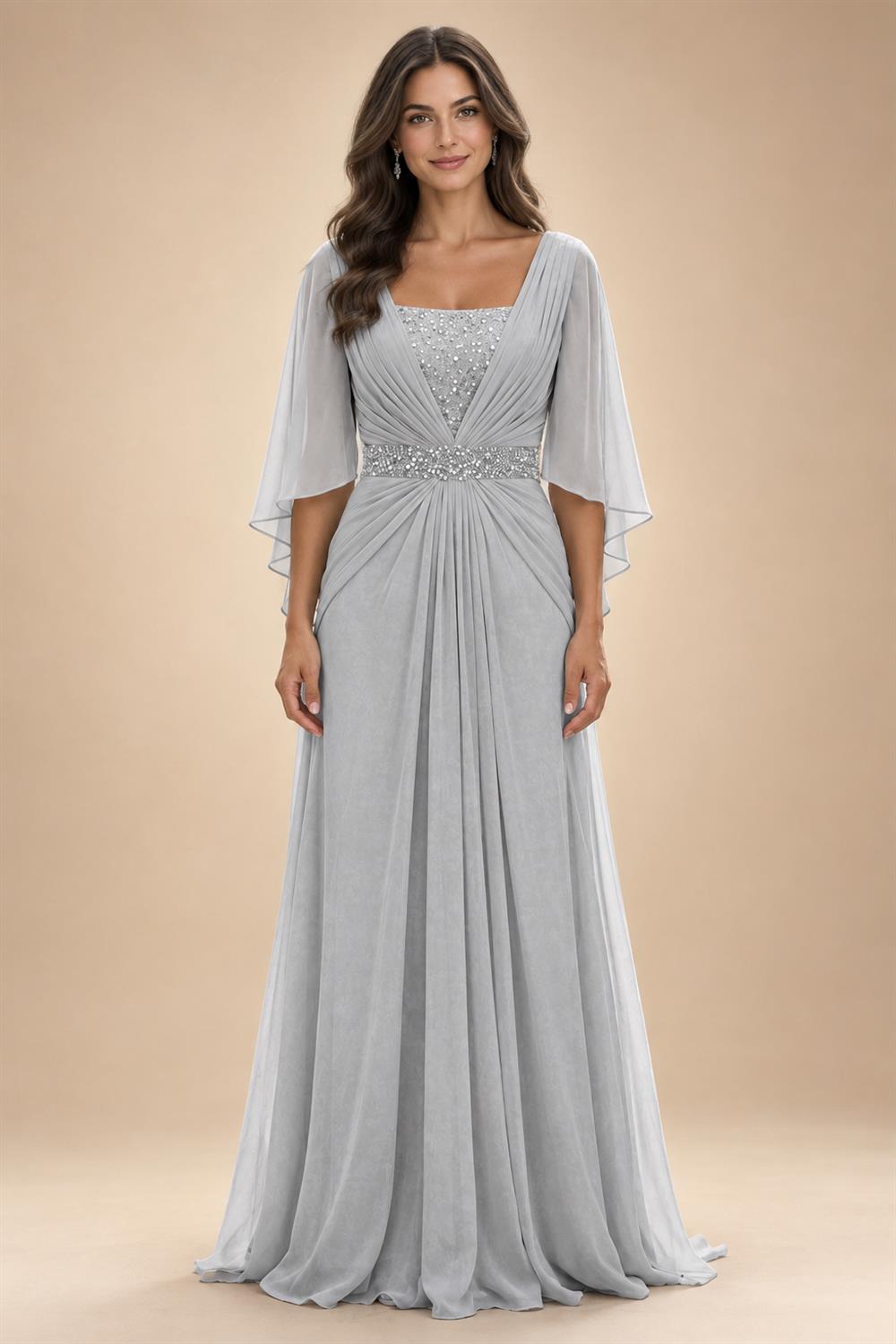 A-Line Chiffon Pleated Long Mother of the Bride & Groom Dresses with 3/4 Flutter Sleeves & Sequin Waist (SHI22500702)