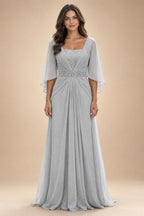A-Line Chiffon Pleated Long Mother of the Bride & Groom Dresses with 3/4 Flutter Sleeves & Sequin Waist (SHI22500702)