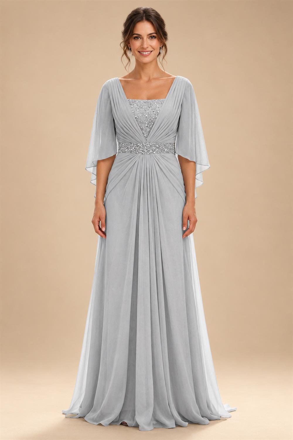 A-Line Chiffon Pleated Long Mother of the Bride & Groom Dresses with 3/4 Flutter Sleeves & Sequin Waist (SHI22500702)