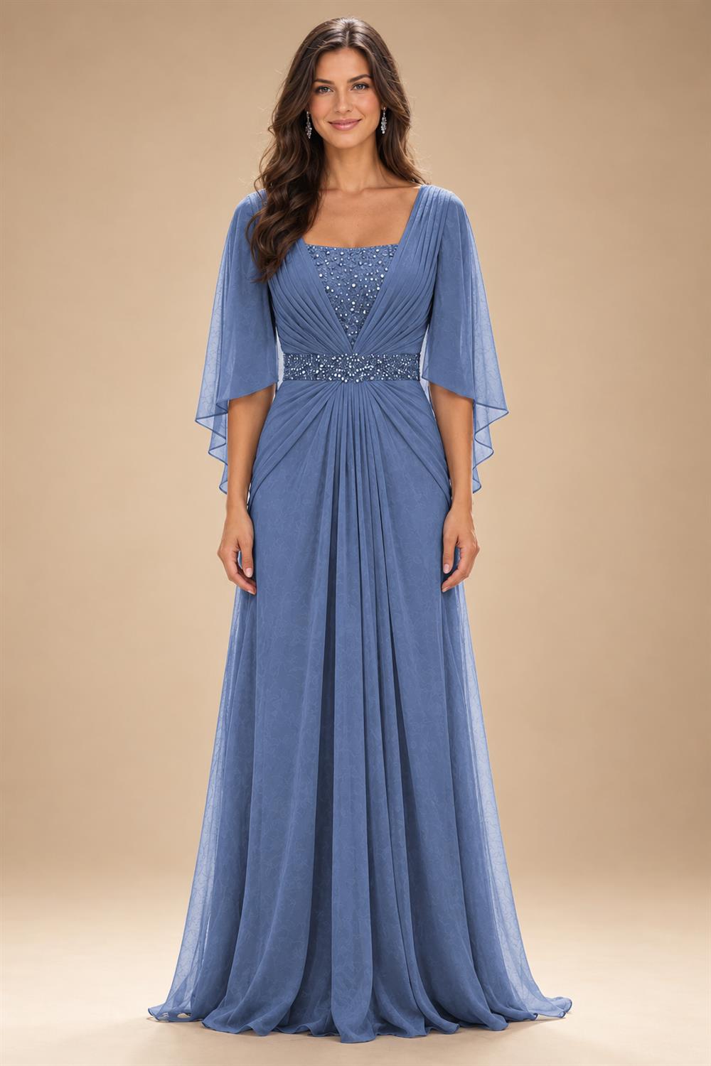A-Line Chiffon Pleated Long Mother of the Bride & Groom Dresses with 3/4 Flutter Sleeves & Sequin Waist (SHI22500702)
