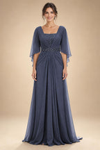 A-Line Chiffon Pleated Long Mother of the Bride & Groom Dresses with 3/4 Flutter Sleeves & Sequin Waist (SHI22500702)