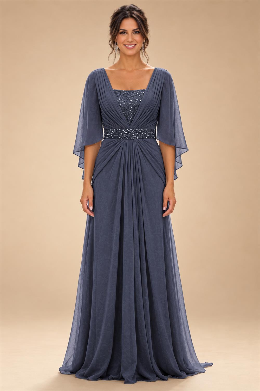 A-Line Chiffon Pleated Long Mother of the Bride & Groom Dresses with 3/4 Flutter Sleeves & Sequin Waist (SHI22500702)