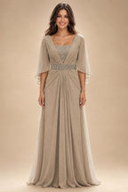 A-Line Chiffon Pleated Long Mother of the Bride & Groom Dresses with 3/4 Flutter Sleeves & Sequin Waist (SHI22500702)
