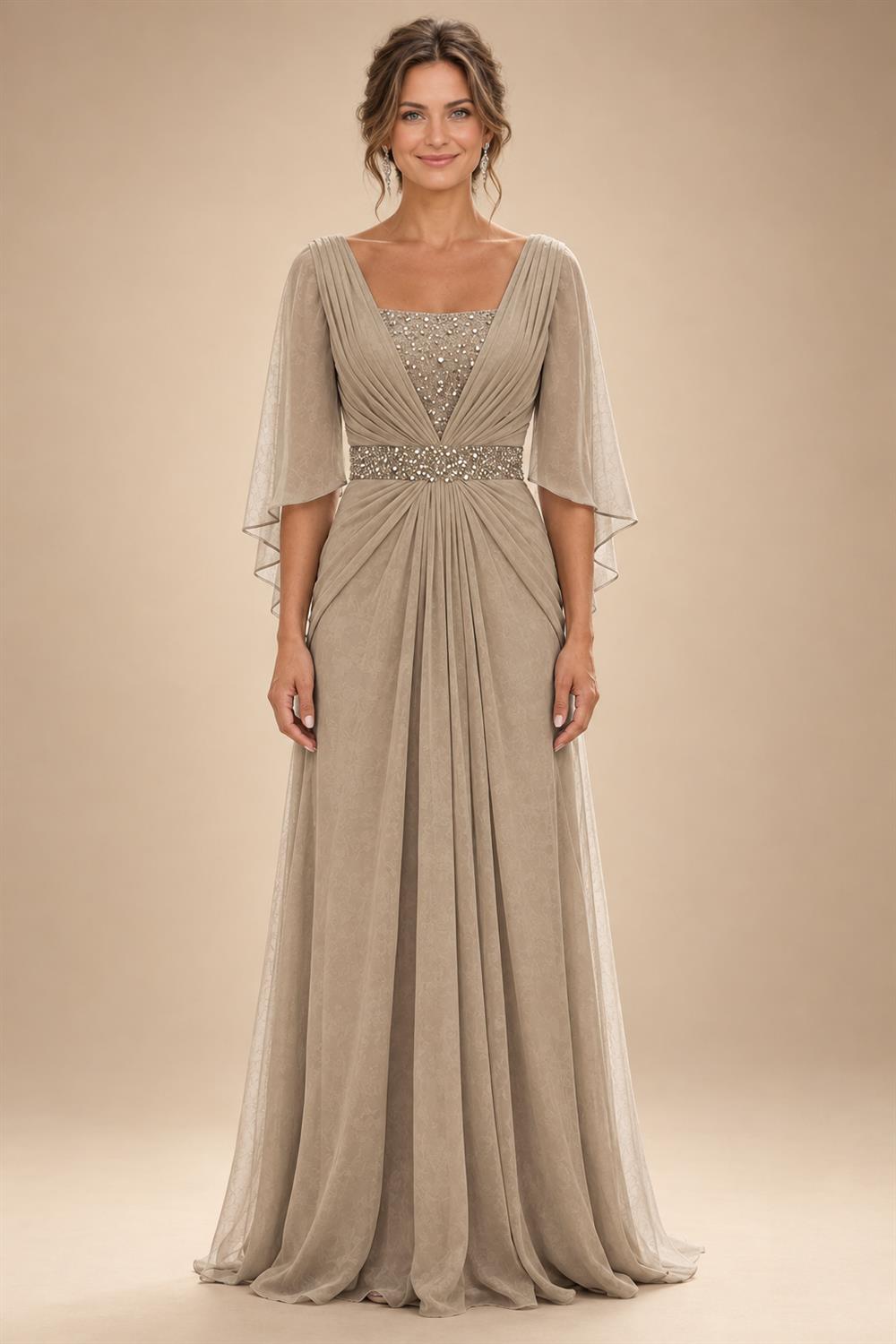 A-Line Chiffon Pleated Long Mother of the Bride & Groom Dresses with 3/4 Flutter Sleeves & Sequin Waist (SHI22500702)