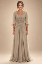A-Line Chiffon Pleated Long Mother of the Bride & Groom Dresses with 3/4 Flutter Sleeves & Sequin Waist (SHI22500702)