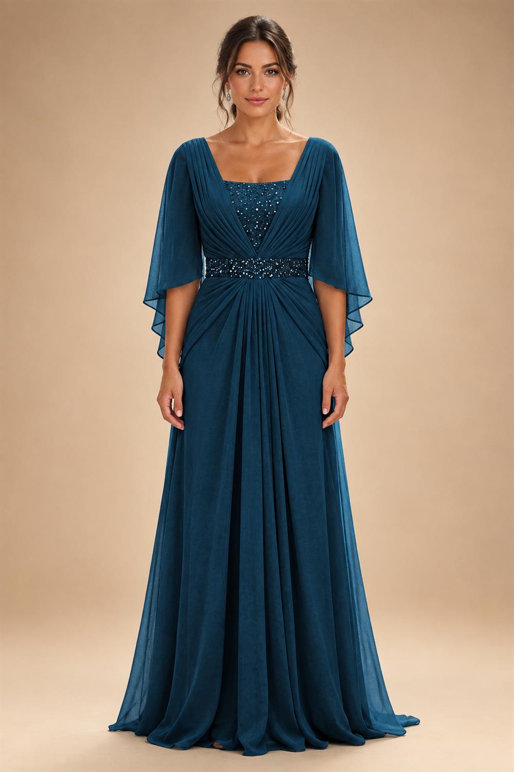 A-Line Chiffon Pleated Long Mother of the Bride & Groom Dresses with 3/4 Flutter Sleeves & Sequin Waist (SHI22500702)