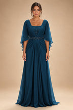 A-Line Chiffon Pleated Long Mother of the Bride & Groom Dresses with 3/4 Flutter Sleeves & Sequin Waist (SHI22500702)