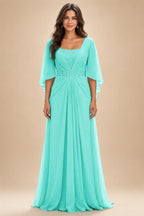 A-Line Chiffon Pleated Long Mother of the Bride & Groom Dresses with 3/4 Flutter Sleeves & Sequin Waist (SHI22500702)
