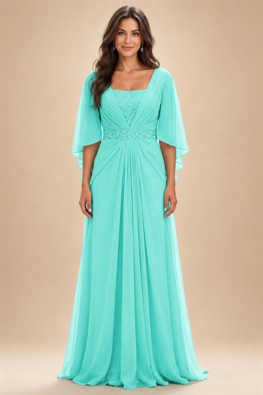 A-Line Chiffon Pleated Long Mother of the Bride & Groom Dresses with 3/4 Flutter Sleeves & Sequin Waist (SHI22500702)