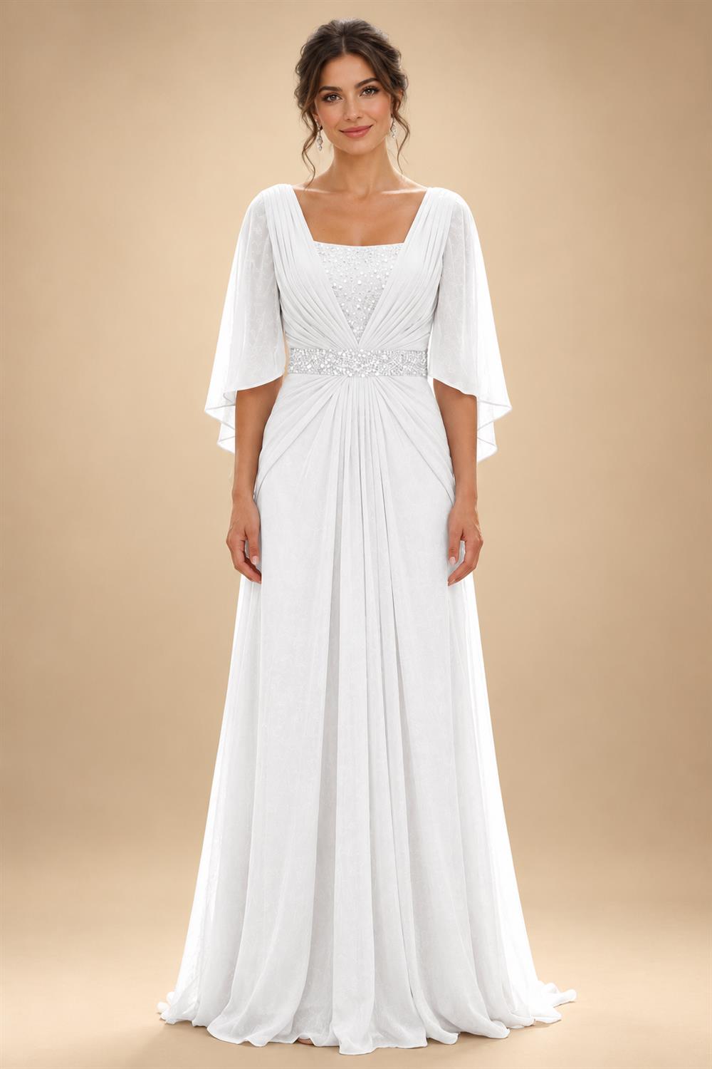 A-Line Chiffon Pleated Long Mother of the Bride & Groom Dresses with 3/4 Flutter Sleeves & Sequin Waist (SHI22500702)