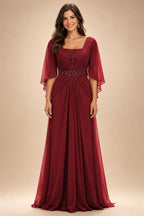 A-Line Chiffon Pleated Long Mother of the Bride & Groom Dresses with 3/4 Flutter Sleeves & Sequin Waist (SHI22500702)