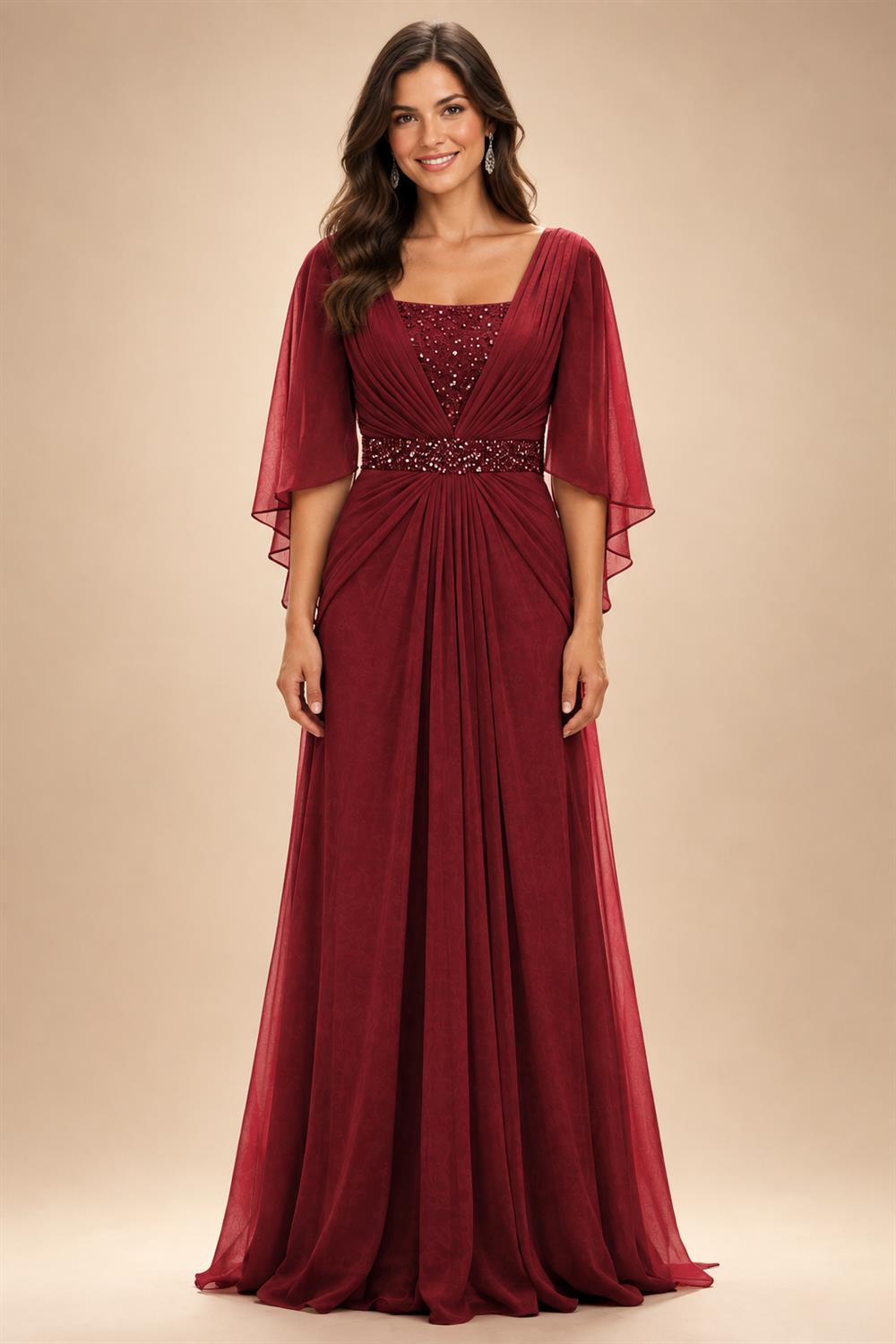 A-Line Chiffon Pleated Long Mother of the Bride & Groom Dresses with 3/4 Flutter Sleeves & Sequin Waist (SHI22500702)