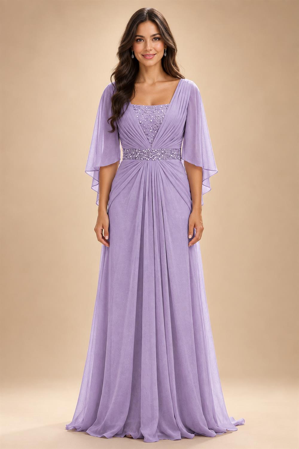 A-Line Chiffon Pleated Long Mother of the Bride & Groom Dresses with 3/4 Flutter Sleeves & Sequin Waist (SHI22500702)