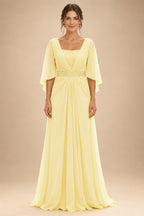 A-Line Chiffon Pleated Long Mother of the Bride & Groom Dresses with 3/4 Flutter Sleeves & Sequin Waist (SHI22500702)