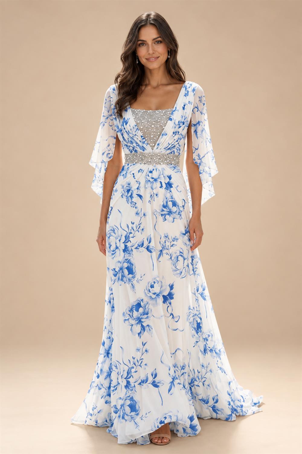 A-Line Chiffon Cape Sleeves Floor-Length Mother of the Bride & Groom Dresses with Ruched Waist (SHI22500705)