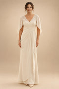 A-Line Chiffon Cape Sleeves Floor-Length Mother of the Bride & Groom Dresses with Ruched Waist (SHI22500705)