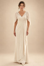 A-Line/Princess V-Neck Chiffon Floor-Length Mother of the Bride & Groom Dresses with Lace Appliques & Ruched Waist (SHI22501678)