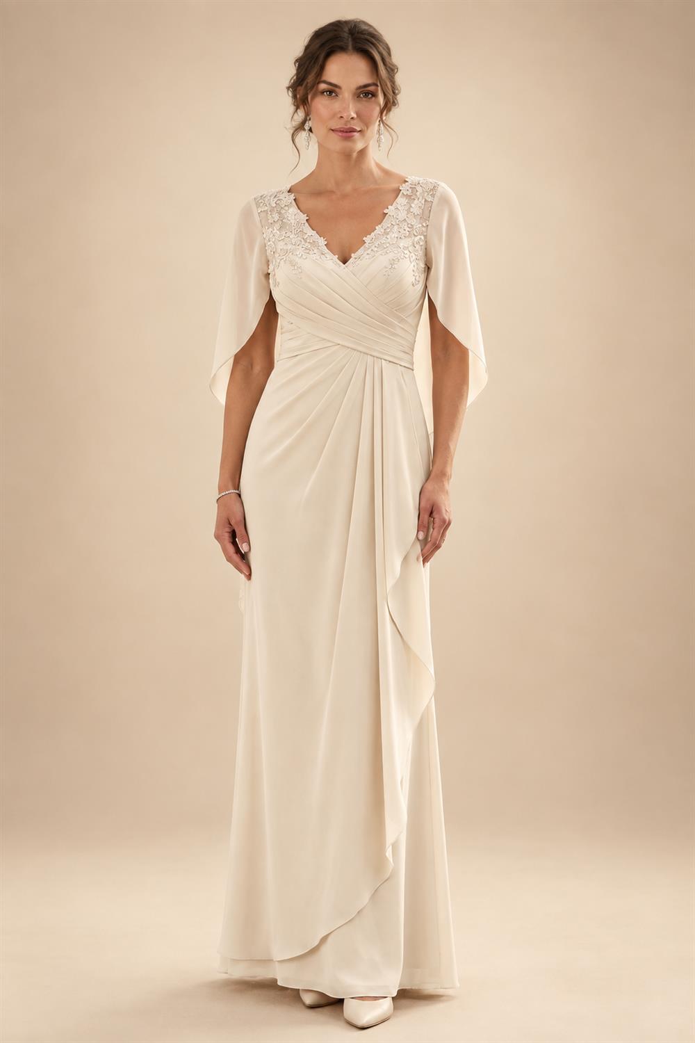 A-Line/Princess V-Neck Chiffon Floor-Length Mother of the Bride & Groom Dresses with Lace Appliques & Ruched Waist (SHI22501678)