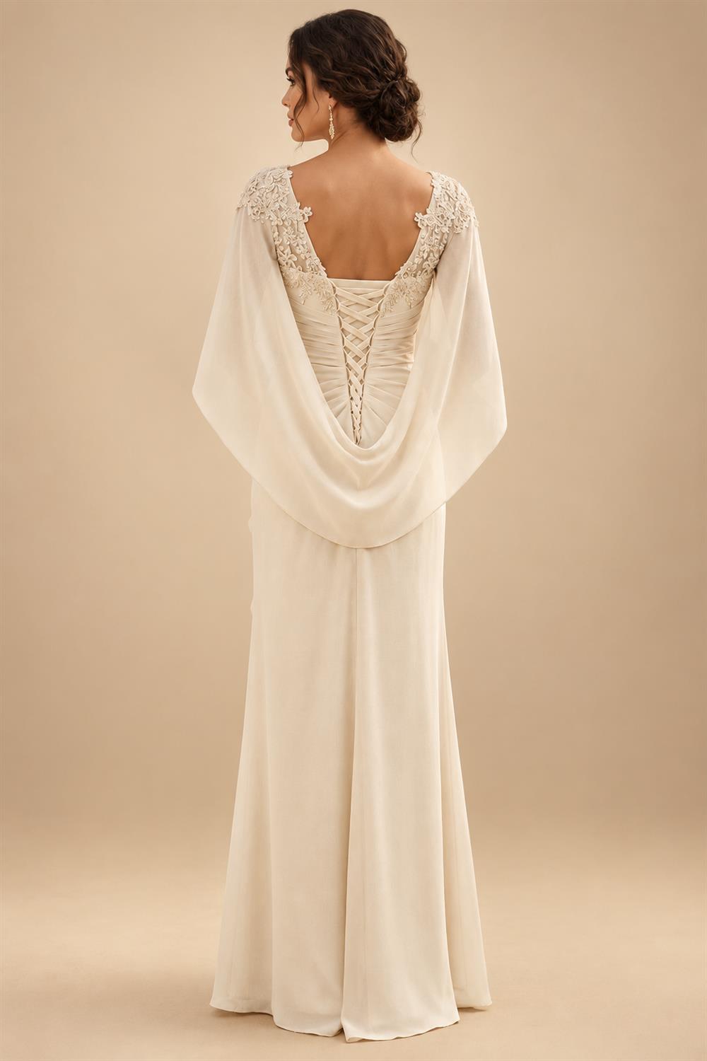 Cape Sleeve Jacquard Satin Ruched Mother of the Bride Dresses (SHI22500526)