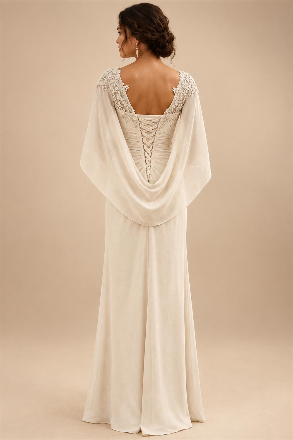 Sheath/Column Scoop Neck Chiffon Maxi Mother of the Bride & Groom Dresses with Lace Appliques, Sweep Train & Ruched Waist (SHI22501642)