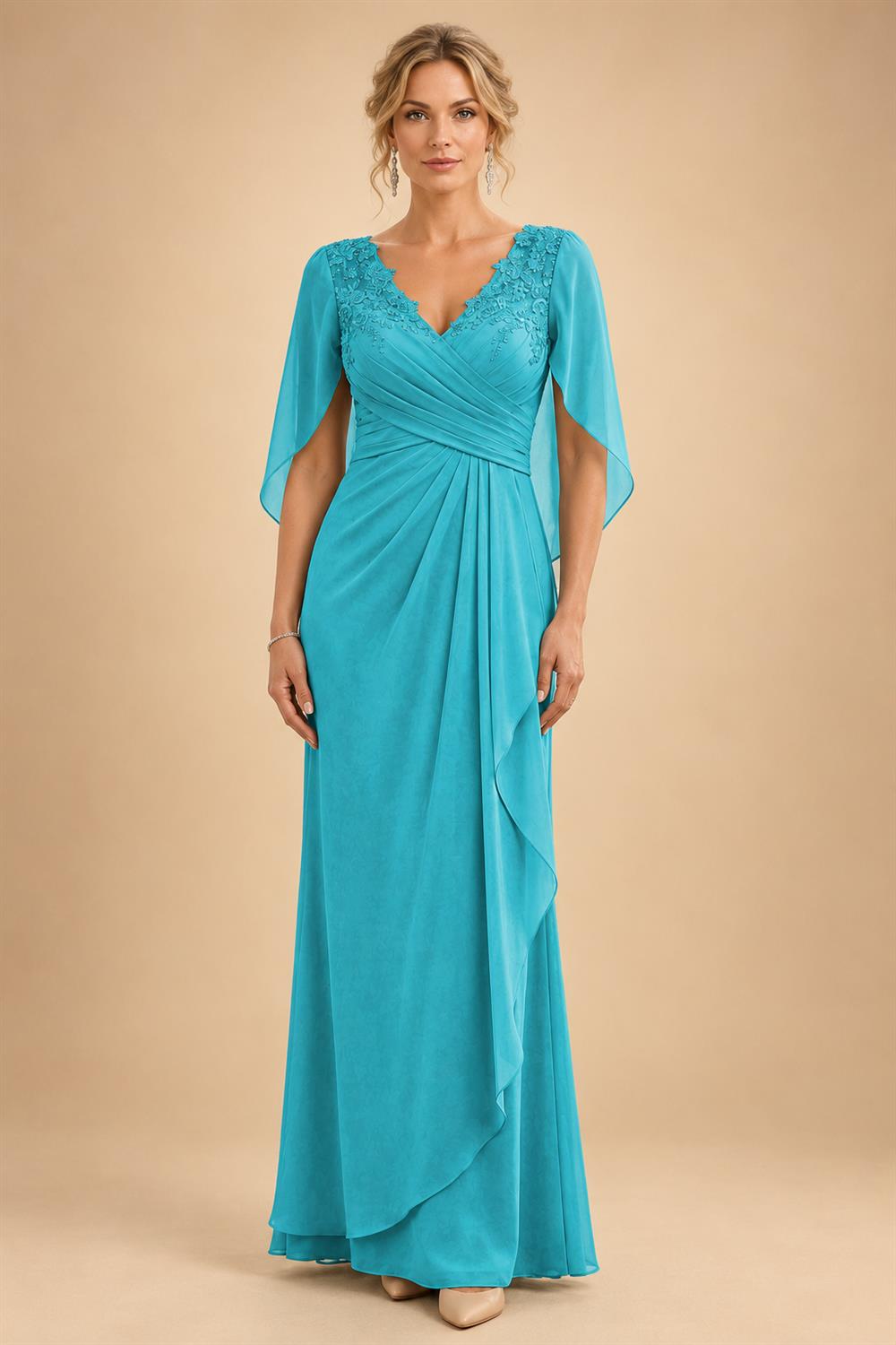 A-Line Chiffon Cape Sleeves Floor-Length Mother of the Bride & Groom Dresses with Ruched Waist (SHI22500705)