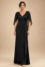 A-Line Chiffon Cape Sleeves Floor-Length Mother of the Bride & Groom Dresses with Ruched Waist (SHI22500705)