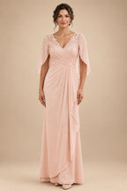 A-Line Chiffon Cape Sleeves Floor-Length Mother of the Bride & Groom Dresses with Ruched Waist (SHI22500705)