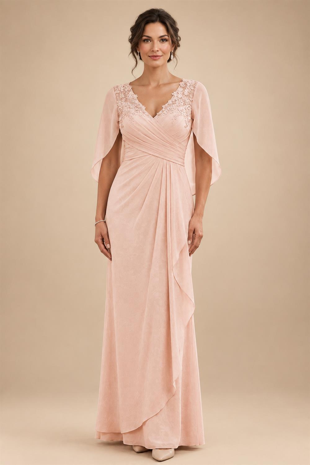 A-Line Chiffon Cape Sleeves Floor-Length Mother of the Bride & Groom Dresses with Ruched Waist (SHI22500705)