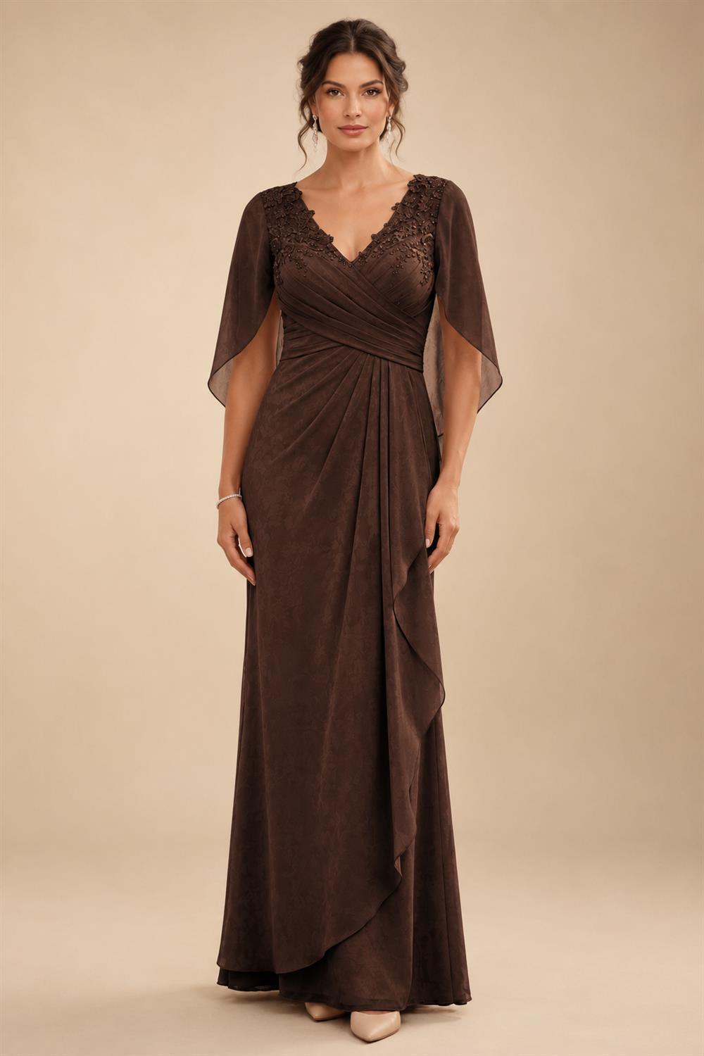 A-Line Chiffon Cape Sleeves Floor-Length Mother of the Bride & Groom Dresses with Ruched Waist (SHI22500705)