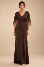 A-Line Chiffon Cape Sleeves Floor-Length Mother of the Bride & Groom Dresses with Ruched Waist (SHI22500705)