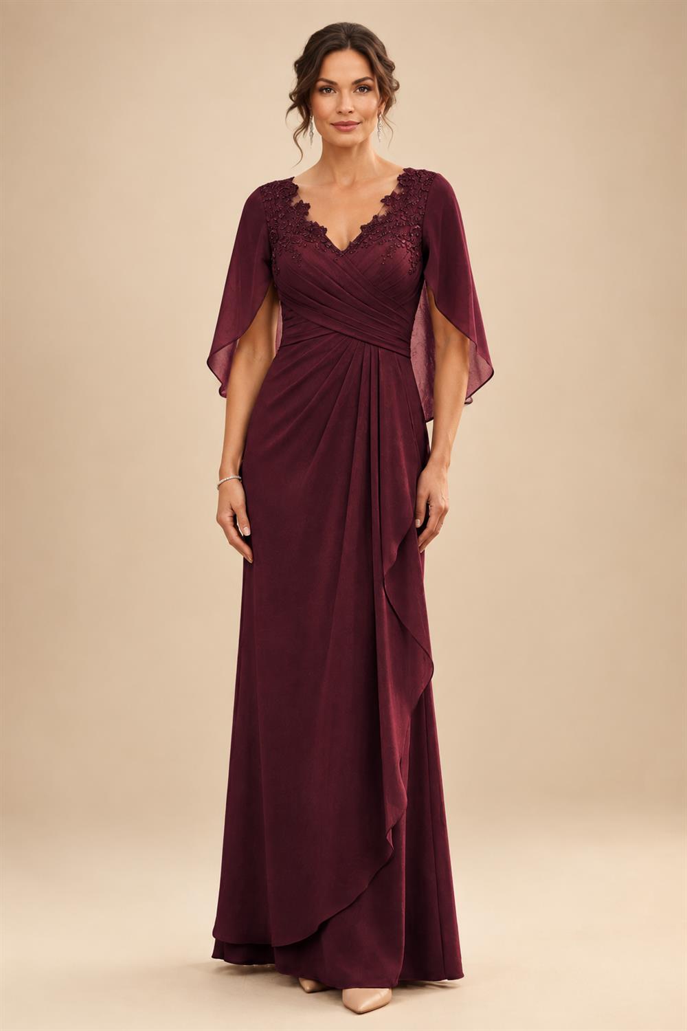 A-Line Chiffon Cape Sleeves Floor-Length Mother of the Bride & Groom Dresses with Ruched Waist (SHI22500705)
