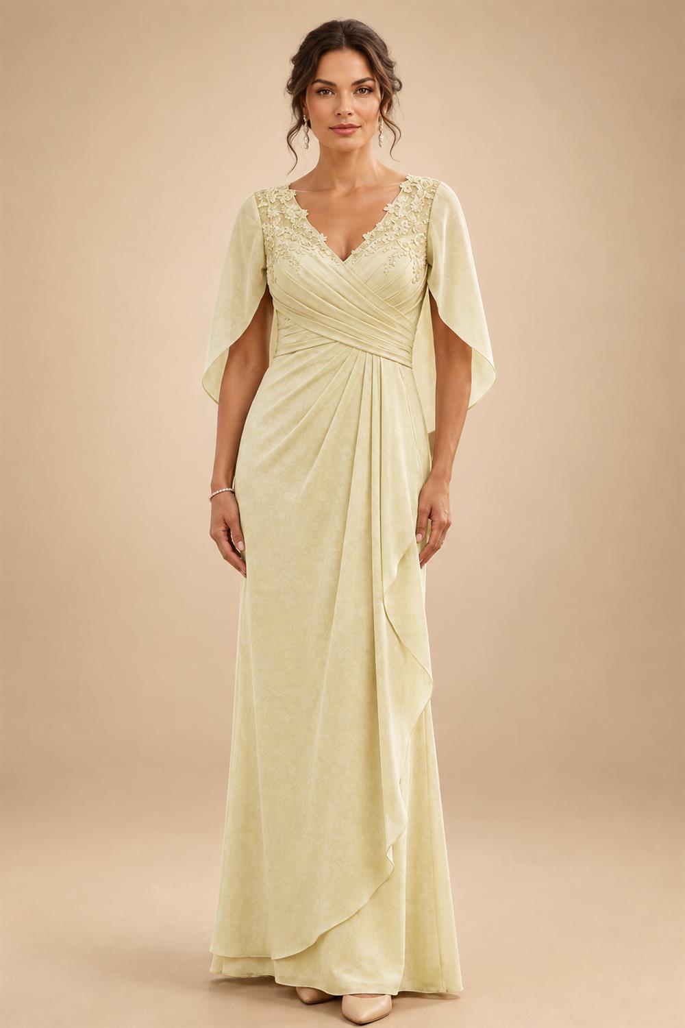 A-Line Chiffon Cape Sleeves Floor-Length Mother of the Bride & Groom Dresses with Ruched Waist (SHI22500705)