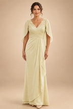 A-Line Chiffon Cape Sleeves Floor-Length Mother of the Bride & Groom Dresses with Ruched Waist (SHI22500705)