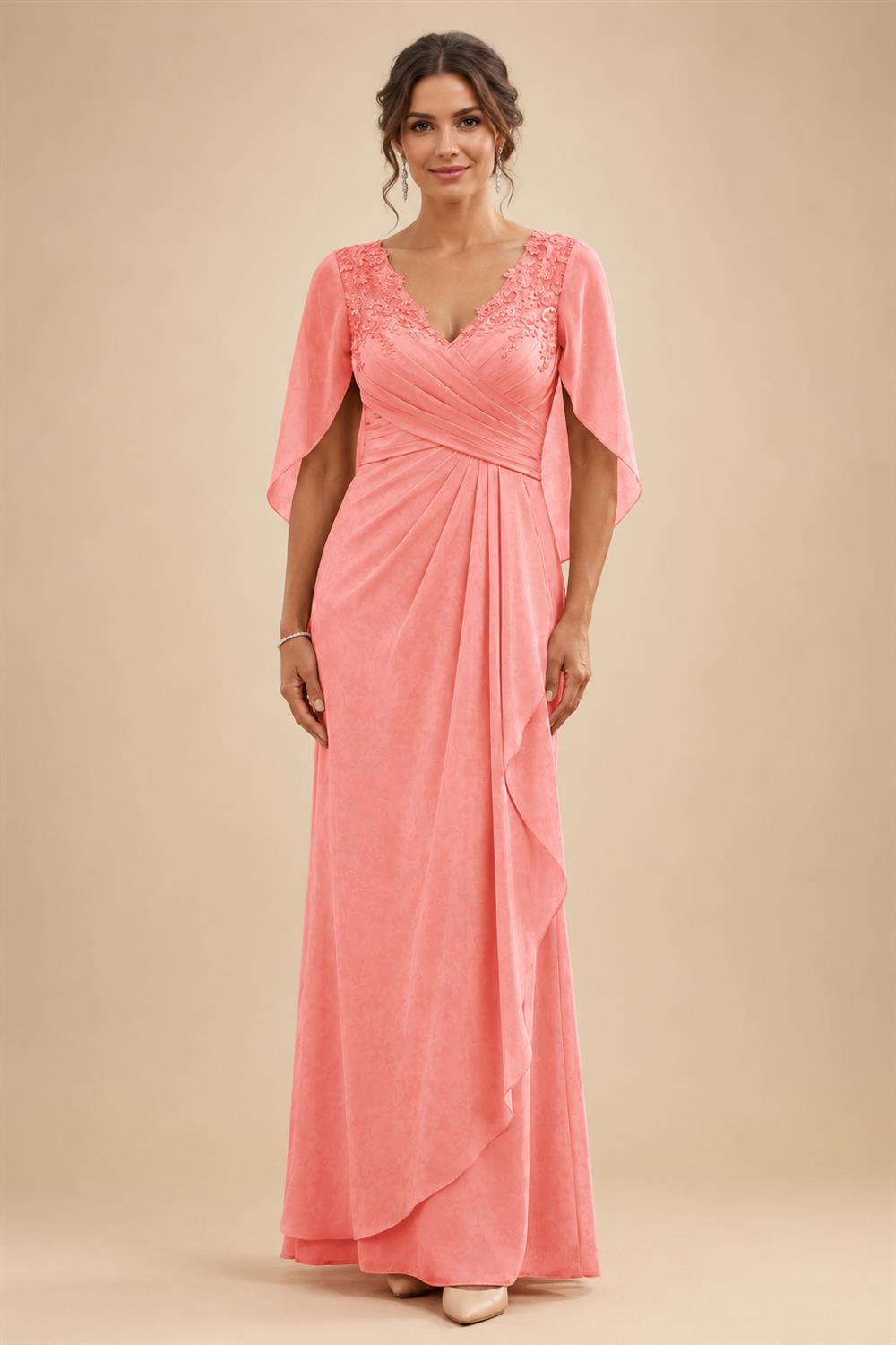 A-Line Chiffon Cape Sleeves Floor-Length Mother of the Bride & Groom Dresses with Ruched Waist (SHI22500705)