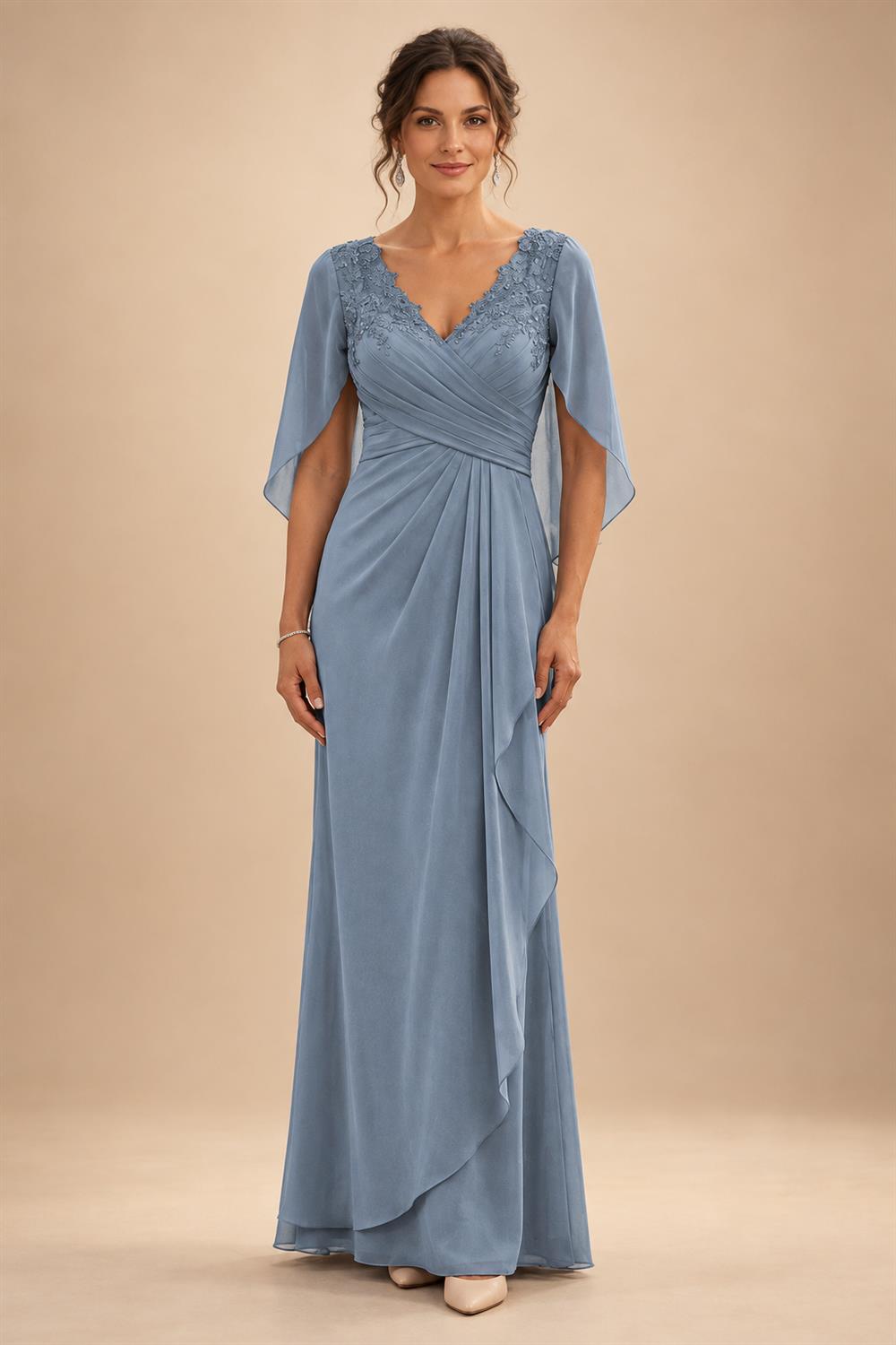 A-Line Chiffon Cape Sleeves Floor-Length Mother of the Bride & Groom Dresses with Ruched Waist (SHI22500705)