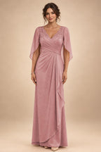 A-Line Chiffon Cape Sleeves Floor-Length Mother of the Bride & Groom Dresses with Ruched Waist (SHI22500705)